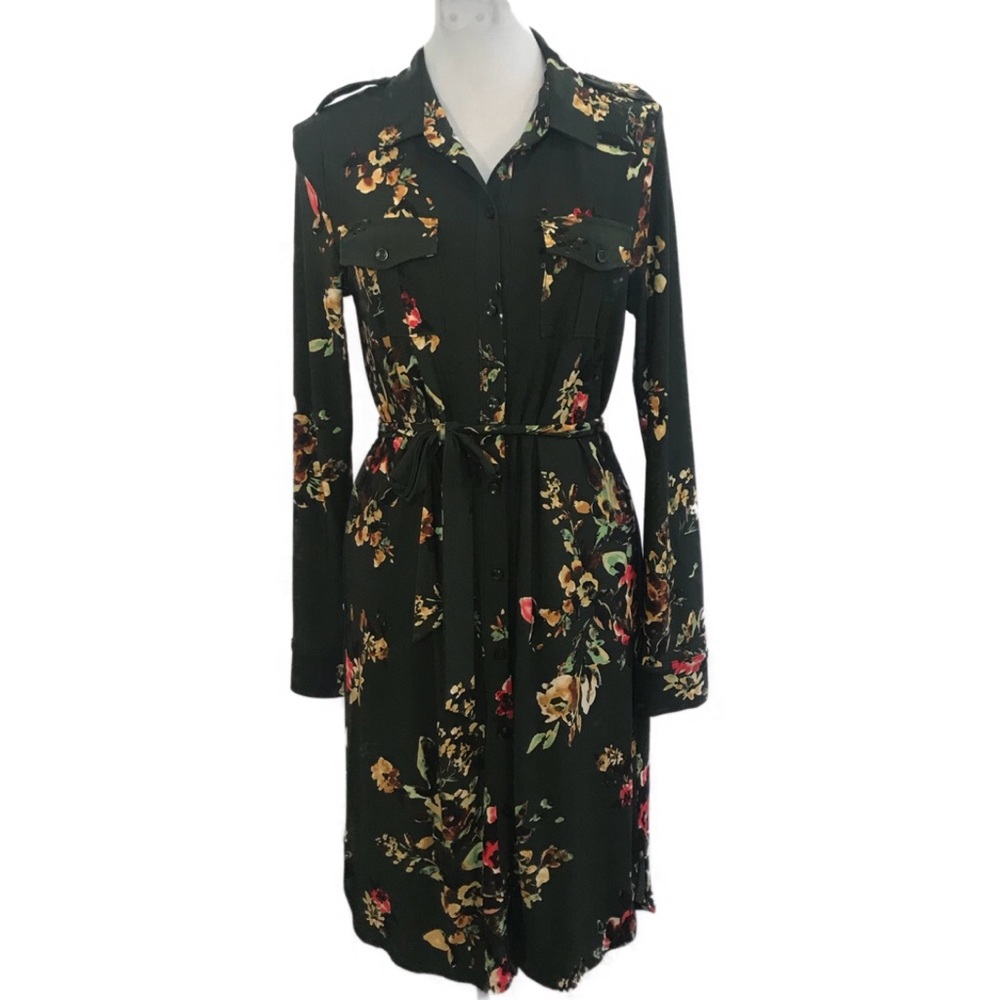 Jones New York green floral button down dress M B6